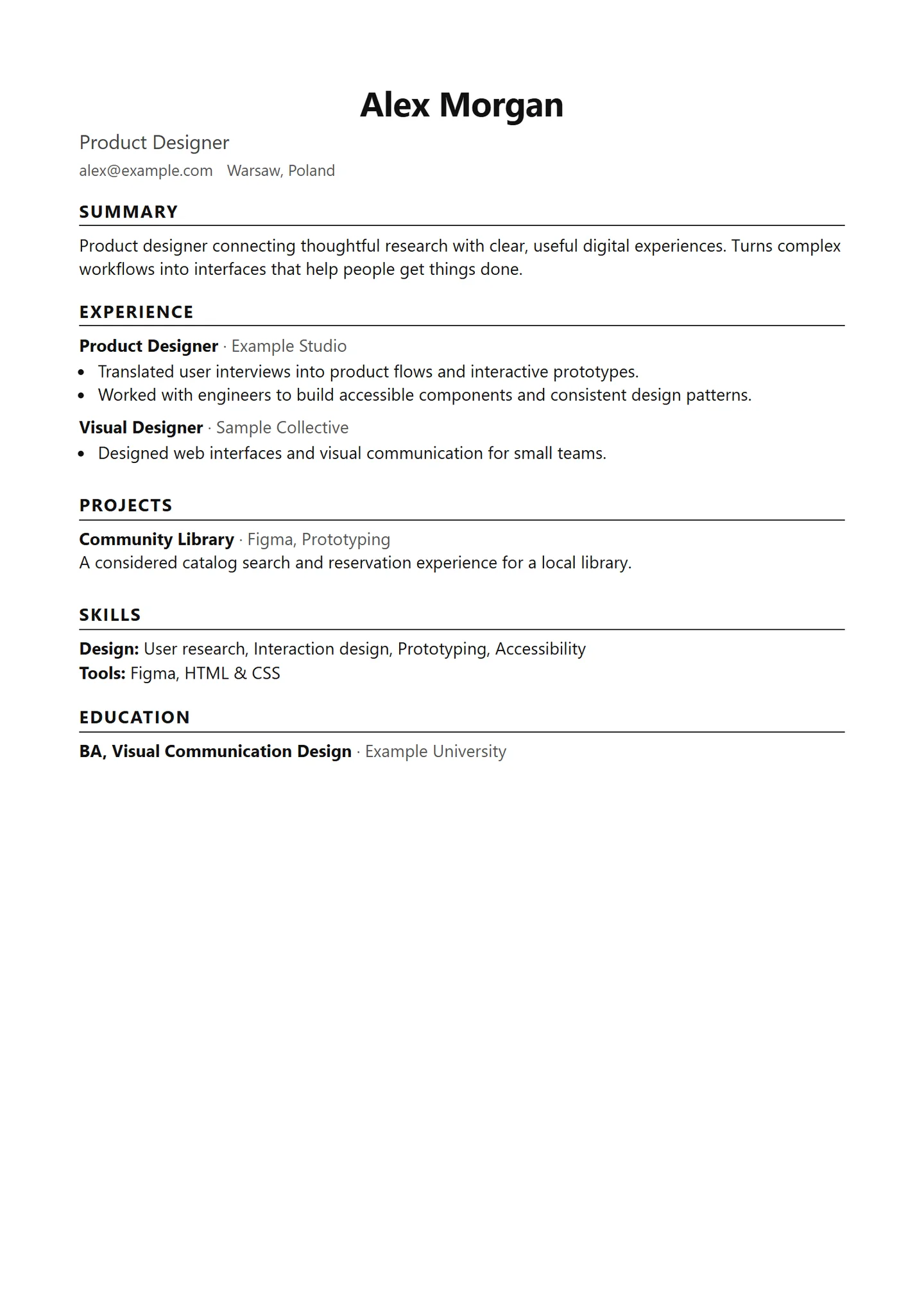 Sample CV created from a fictional career profile.