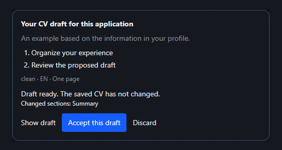 A proposed CV draft awaiting the user’s review.