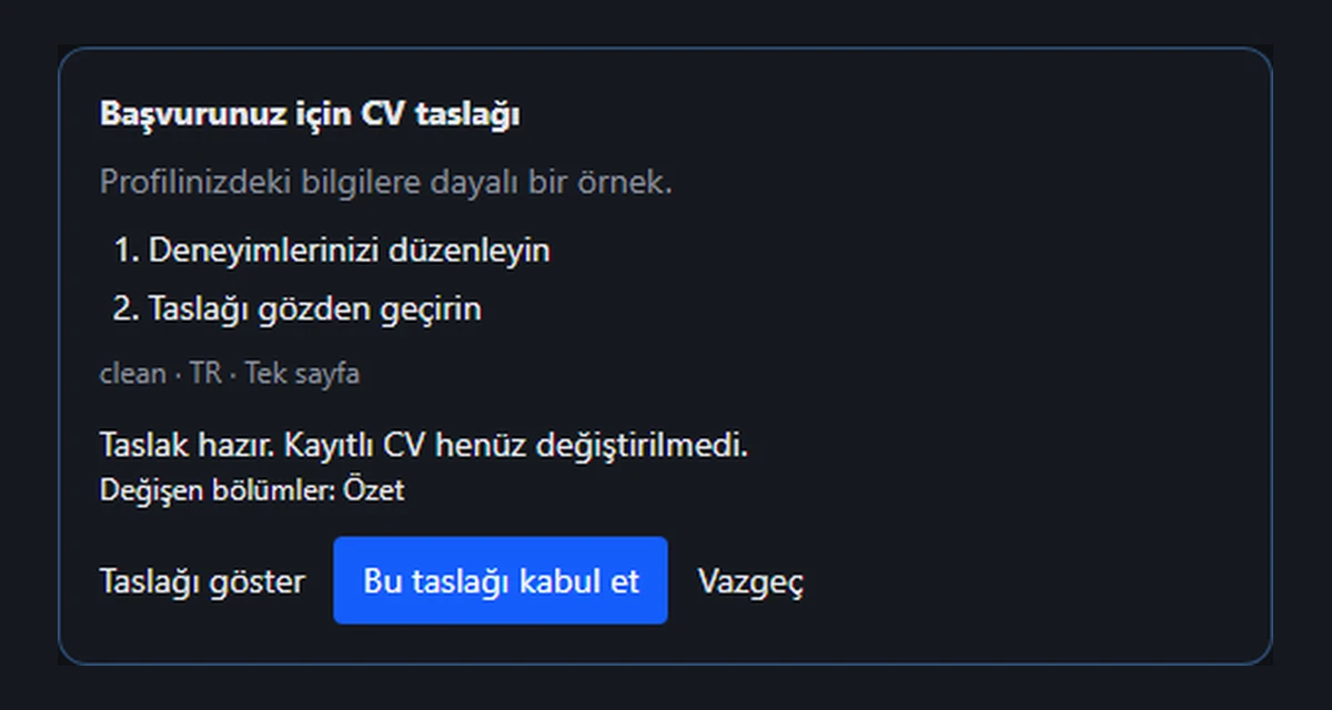 Kullanıcının incelemesini bekleyen CV taslağı.